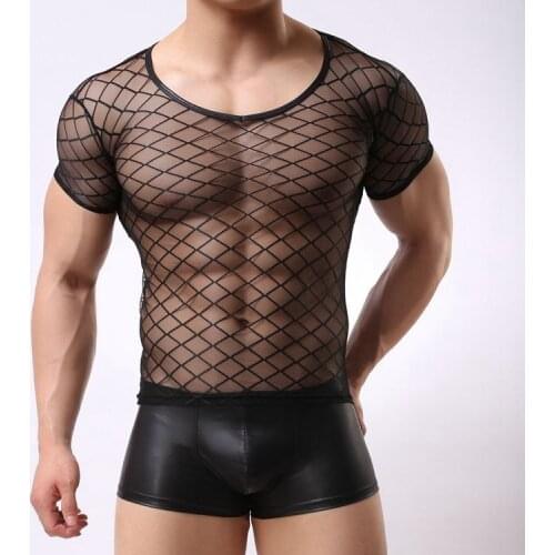 Transparent Mesh Tshirt Men T Shirt V-Neck Short Sleeve Plaid Sexy Undershirt Singlet Male Night Club Performance Sheer Top Tees