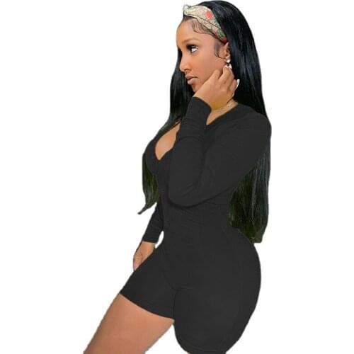 Letter Lucky Lable Embroidery Playsuit Woman Long Sleeve Button V Neck Skinny Fitness Fitness Biker Shorts Active Wear Outfits