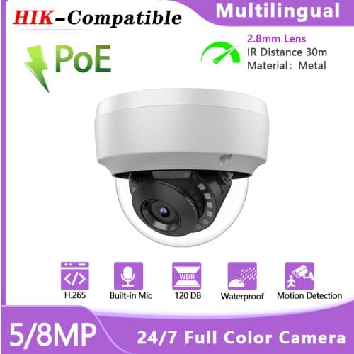 Hikvision Compatible 5MP 8MP POE Dome Camera Outdoor Buit-in MIC H.265 IP66 2.8MM 3D DNR Video Surveillance Videcam Smart Home