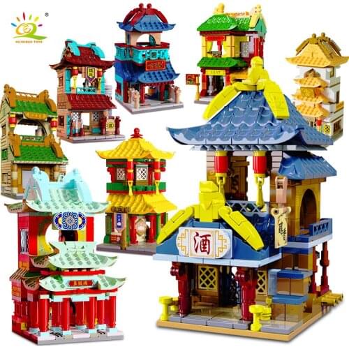 HUIQIBAO Chinese Traditional Architecture Shop Model Building Blocks City Zhonghua Street View House Bricks Toys For Children