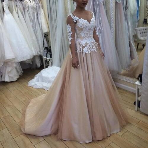 SuperKimJo Champagne Prom Dresses 2020 Lace Applique Long Sleeve Elegant Prom Gown Vestido De Festa Longo