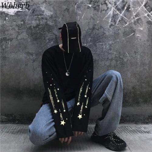 Woherb Harajuku Reflective T Shirt Women Man Streetwear Casual Korean Plus Size Tshirt Long Sleeve Tops Star Print T-shirts 2021