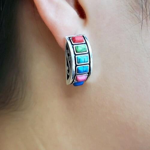 Bohemian Colorful Turquoises Stone Stud Earring Vintage Jewelry Antique Silver Color Rainbow Single Row Earring Accessory