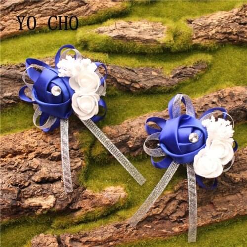 YO CHO 2018 New Free Shipping 7pcs/lot Sapphire Wedding Wrist Corsages Flowers Boutonnieres Flowers For Wedding Party Decor Prom