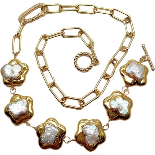 YYGEM CZ Pave Clasp punk natural Cultured White Keshi Flower Pearl gold color link Chain choker Necklace 20"