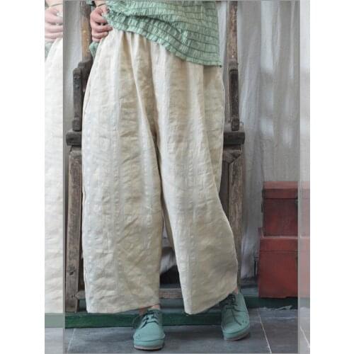 Women Elastic Waist Loose Linen Pants Summer Vintage Plaid Wide Leg Pants Female Retro Plus Size Wide Leg Trousers 2018