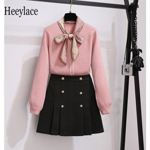 Office Ladies Elegant Two Pieces Set Korean Bow Collar Long Sleeve Knitted Sweater Top And Black A-line Midi Skirts Outfits