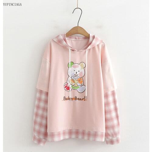 Japanese Mori Girl Style Cartoon Print Hooded Sweatshirt Women 2021 Summer Loose Long Sleeve Sweet Fake 2 Piece Hoodie 2113846