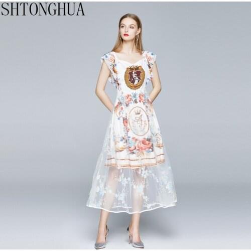 Elegant Flower Print Mesh Embroidery Patchwork Party Dress 2020 Summer Butterfly Sleeve Long Dress Vintage Chic A-Line Dresses
