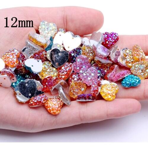 12mm 14mm Sew On Resin Rhinestones With Two Holes AB Colors Heart Shape Flatback Beads Craft Garments