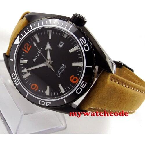 45mm Parnis black dial orange marks PVD Sapphire Glass Automatic mens Watch 691