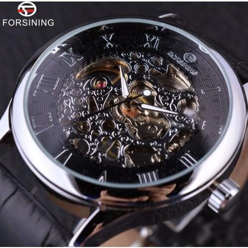 Forsining Retro Casual Design Retro Roman Number Display Black Silver Mechanical Skeleton Watch Men Watch Top Brand Luxury Clock