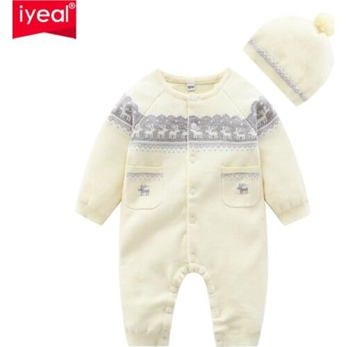 IYEAL Baby Rompers Knitted Newborn Boy Jumpsuit With Hat Outfits Long Sleeve Autumn Infant Girl Overalls Warm Children Baby Wear