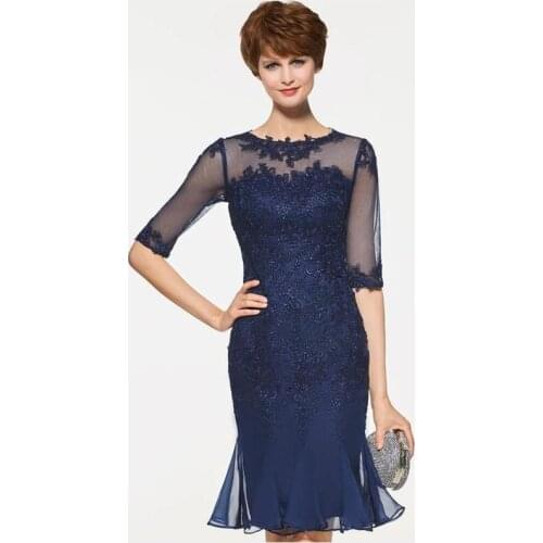 Elegant Mother of The Bride Dress O-neck Knee-Length Wedding Party Gowns Half Sleeve Sheath Tulle Mother Dresses for Wedding