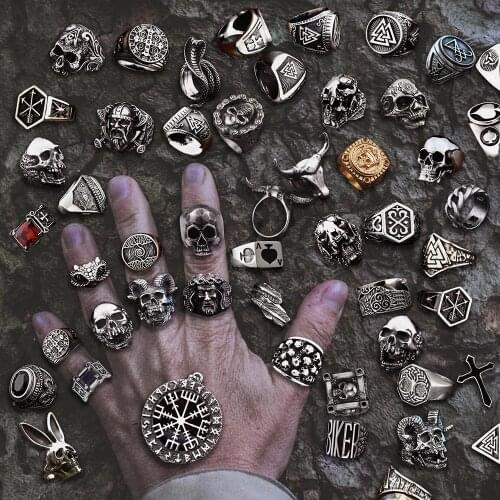 New 316L Stainless Steel Viking Skull Cross Masks God Weapons Silver Black Rings For Men Motorbike Punk Frosted Ring jewelry