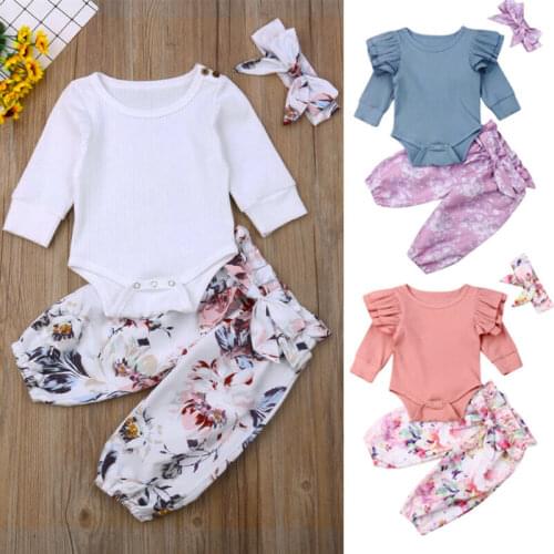 New Infant Baby Girl Clothes Headband And Romper Top And Floral Pants Legging Outfit Baby Spring Autumn Clothing 0-24M