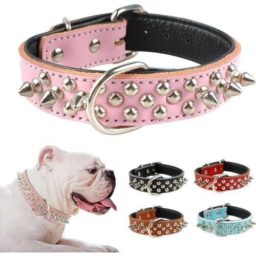 Leather Dog Collar Soft Padded Dog Pet Collar Studded Spiked For Small Medium Dogs S M L for French Bulldog Pug