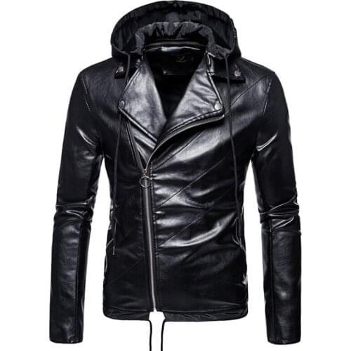 Autumn Casual Motor Hooded Faux Leather Jackets Coat Men Fashion Punk Style Black Leather Jacket Men Zipper Outwear