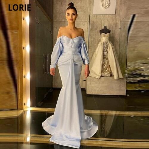 LORIE Dubai Satin Evening Dresses Strapless Pleat Puff Sleeves Mermaid Arabic Prom Gown Wedding Party Dress Abiti Da Cerimonia