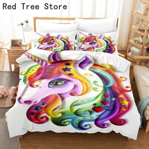 Fancy Unicorn Printed Pattern Queen King Size Bedding Set Home Room Decoration Kids Cute Gift 2-3 Pieces Duvet Cover Bed Linen