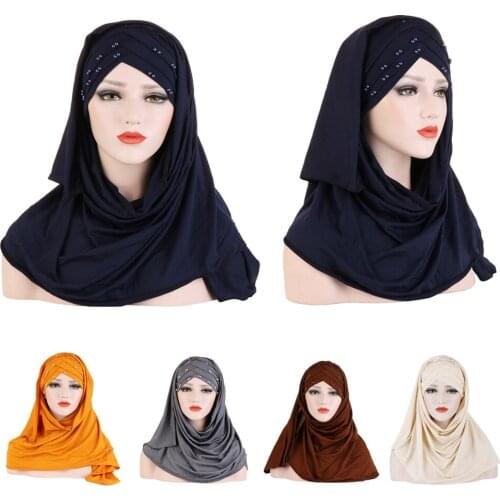 One Piece Muslim Women Hijab Instant Head Scarf Amira Turban Wrap Islamic Beads Front Cross Hijabs Ready To Wear Caps Headwear