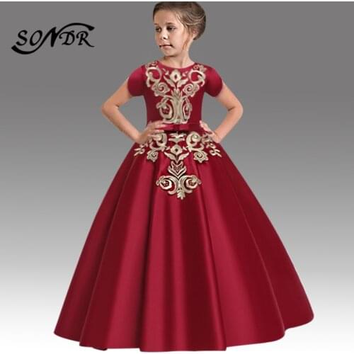 Solid A-Line Flower Girl Dress HT204 Embroidery Formal Wedding Party Dresses For Kids O-Neck Short Sleeve Girls Pageant Dress