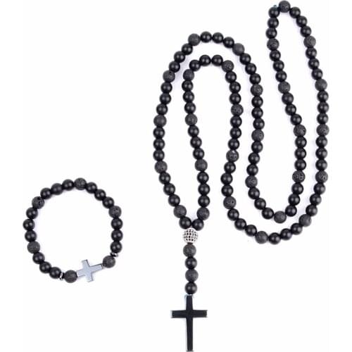 Trendy Necklaces Women Cross Pendant 86cm Natural Stone Beads Necklace Men Jewelry Gift