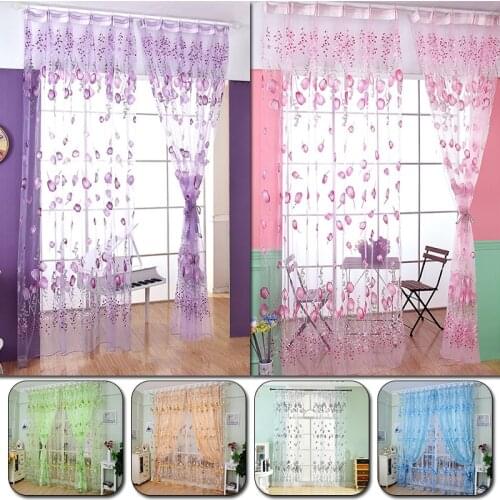 Flower Printed Screen Sheer Voile Tulle Curtains For Living Room Window Screening Balcony Tulip Pattern Sun-shading Curtain