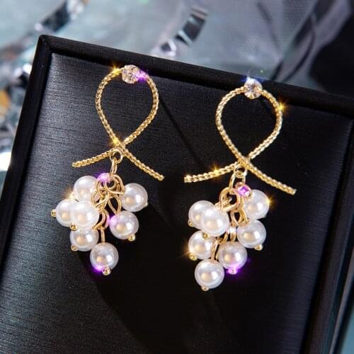 Korean Trendy Simulated-pearl String Dangle Earrings for Women Sweet Hollow Cross Geometric Earrings Valentines Day gift