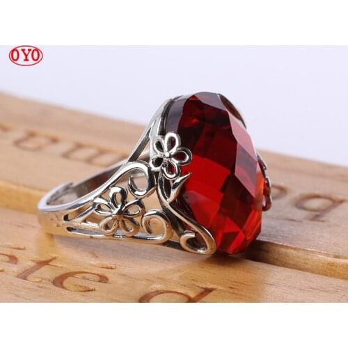 Real 925 silver vintage cut face garnet live mouth index finger ring