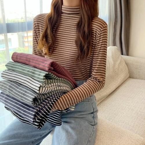 Gkfnmt Womens Clothing Tshirt Top Long Sleeve Slim Korean Style Cotton Women T-Shirt Basic Autumn Winter Turtlenec T Shirt Femme