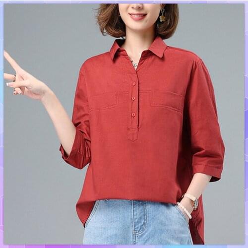 Women Cotton Linen Shirt T-shirts Short Sleeve Tee Shirt 2021 Summer French Linen Three Quarter Sleeve Thin Top Casual Tshirt