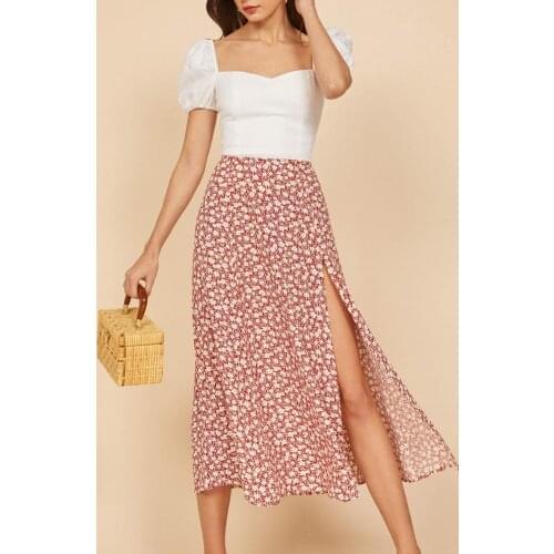 Fashion vintage skirt 2021 flower polka dot print high waist stretch split long A-line skirts for women beach maxi skirt