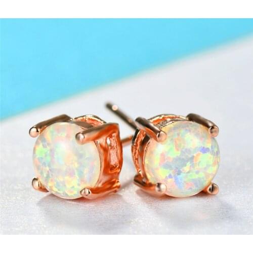 Female Round White Fire Opal Earrings Rose Gold Filled Rainbow Birthstone Small Stud Earrings For Women Wedding Piercing Jewelry