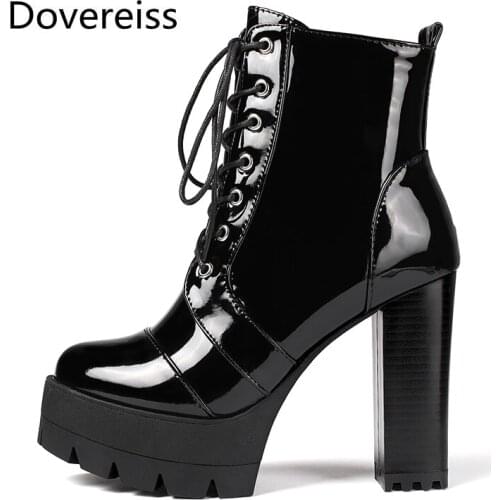 Dovereiss Fashion Womens Shoes Winter Pure color Platform new Block heels Cross tied Round toe Short boots big size 43