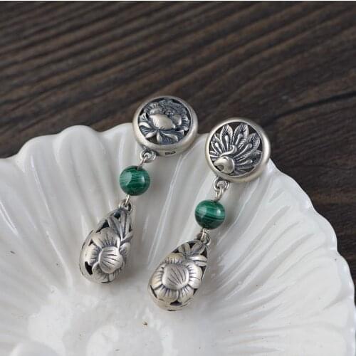 FNJ Peacock Peony Earrings 925 Silver 100% Pure Original S925 Silver Sterling Drop Earring for Women Jewelry Malachite