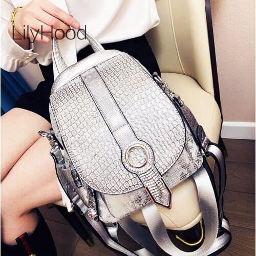 Women Fashion Artificial Leather Rhinestone Silver Backpack 2021 Female High Quality Diamonds Stone Leather Travel Daily Daypack
