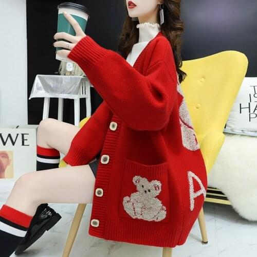 Women Sweater Cardigan 2021 Spring And Autumn Outerwear Korean Style Knitted Brand Basic Coats Thick Red Lake Blue Beige Top