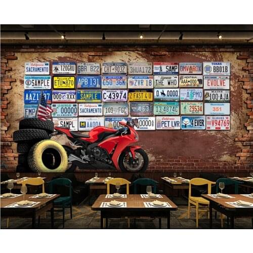 3d wall murals wallpaper for living room Europe and America nostalgic retro brick wall license plate motorcycle for walls 3 d