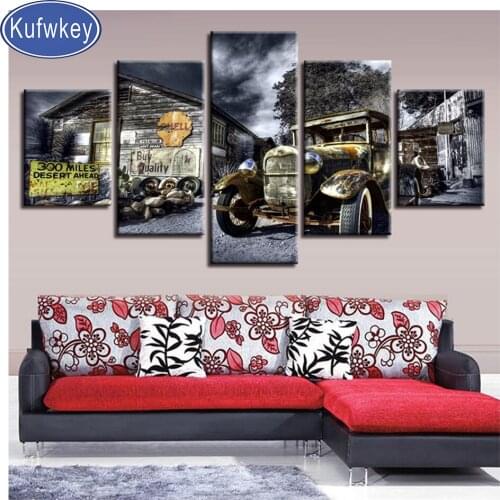 5 panel old car canvas painting diy diamond painting full square round diamond embroidery mosaic storm landscape art