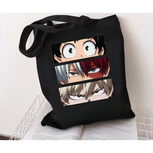 My Hero Academia Anime Fashion Shoulder Bags Wide Shoulder Strap Korean Handbag For Girl Black Canvas Tote Shopping Bag With Zip