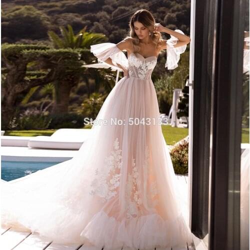 Glitter Sweetheart A Line Princess Wedding Dresses with Detachable Flare Sleeves Pink Off Shoulder Tiered Skirt Bridal Gowns