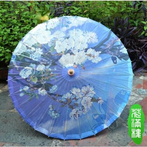 Bule Bottom Flowering Cherry Blossom Oil Paper Umbrella Japanese Classical Handmade Craft Women Parasol Dance Gift Umbrella