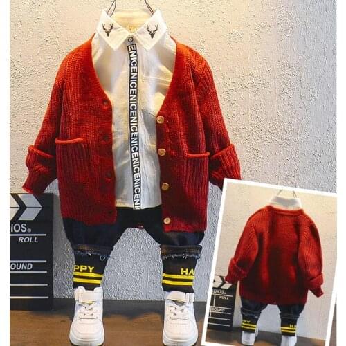 Kids Boy Clothes set Baby Suit knit Cardigan, Shirt and Jeans Sport Boys Set Children Kids Outwear Baby Gifts for 2-7Years