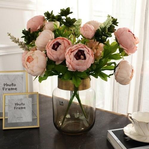 2Pcs European 13 Fork Peony Bouquet High-end Silk Flower Artificial Flowers Decoration Wedding Hand Hold Bouquet Home Display