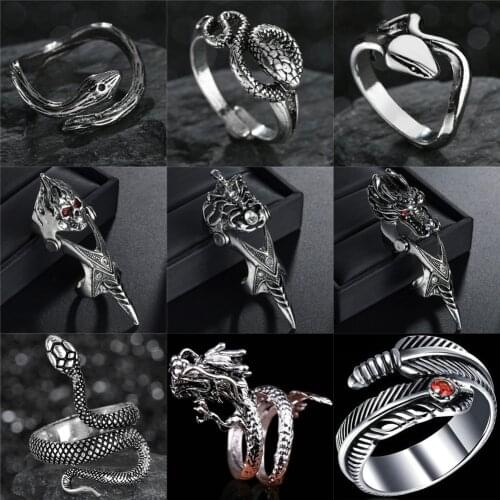 Ring For Men Girls Women Adjustable Black Snake Dragon Feather Animal Retro Punk Exaggerated Jewelry Boy Hiphop
