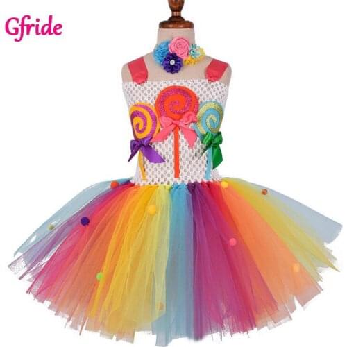 Baby Girl Candy Tutu Dress With Headband For Kids Unicorn Lollipop Birthday Party Tulle Colorful Dress Halloween Cosplay Costume