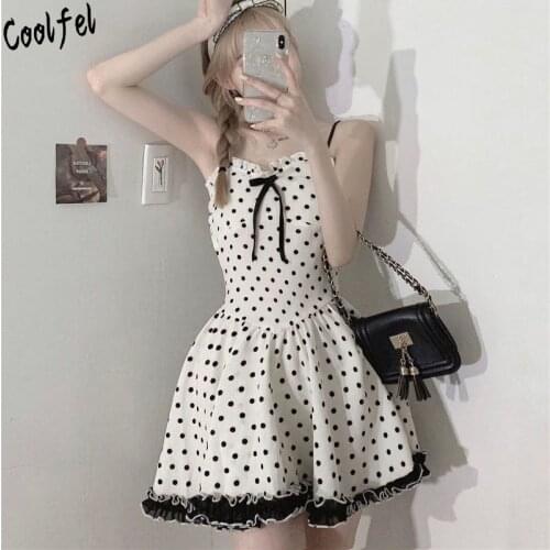 COOLFEL Summer Women Sleeveless Dress Black Wave Point Ruffles Sundress Female Sweet Slim Beach Dresses For Girls