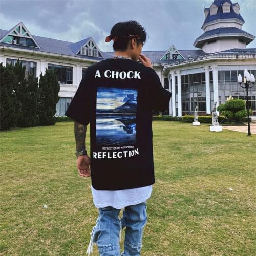 Summer Street Style Back Scenery Printing T Shirt For Men and Women Hip Hop Loose Short Sleeve Cotton Couple Tee Streetwear