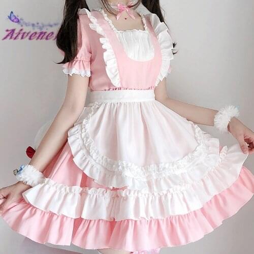 Sweet Lolita OP Maid Dress Pink Soft Girl Women Princess Dresses Kawaii cosplay Costume AFC886